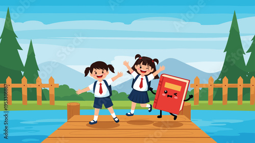 Two joyful schoolgirls jump excitedly on a wooden dock beside a lake alongside a whimsical animated book character.