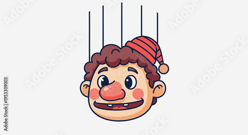 Smiling marionette puppet head closeup.