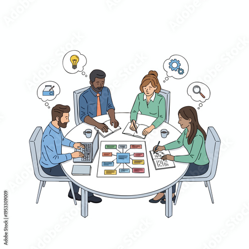 Four people collaborate around a table, with thought bubbles showing ideas