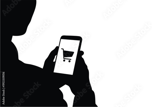 Silhouette of a person holding a smartphone with a shopping cart icon on the screen, symbolizing online shopping or e-commerce