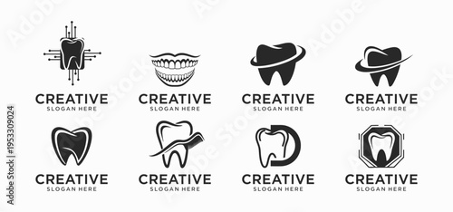 Dentist Tooth Logo Collection, Dental Clinic and Oral Care Vector Icons Black and White