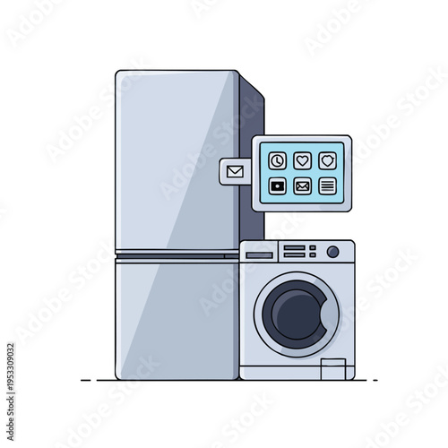 Modern appliance duo smart fridge with screen beside a front-load washer