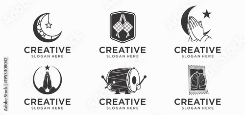 Modern Islamic Kids Mosque Logo Bundle, Muslim Children Icon Collection Vector