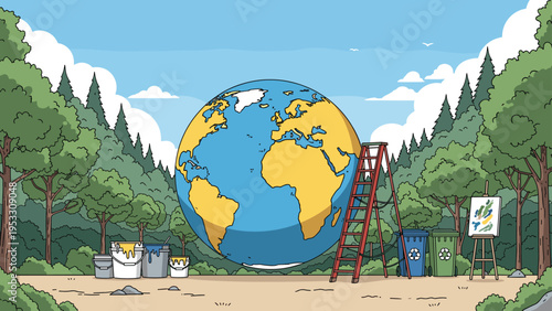 Giant globe stands in a forest surrounded by paint buckets and recycling bins to promote environmental care and awareness.