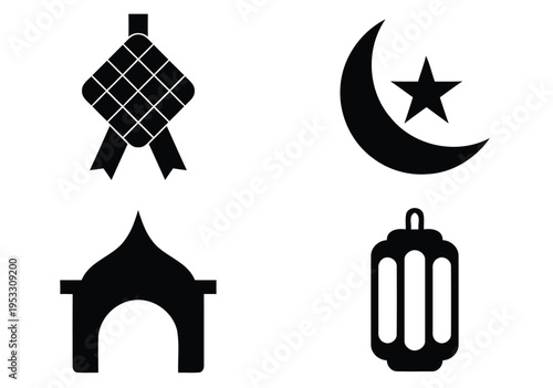 Set of four black and white icons representing moon phases and a crescent moon isolated on white background, Vector, illustration