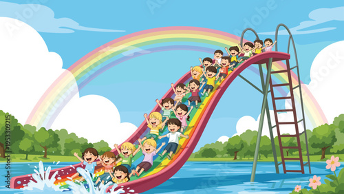 Large group of happy children slide down a massive rainbow-colored water slide into a cool blue lake on a sunny day.