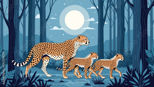 Graceful cheetah and her two cubs walk through a dark forest at night under the bright light of a large full moon.