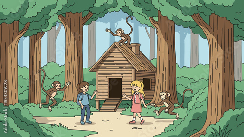 Two young girls explore a forest trail near a small wooden cabin while playful monkeys watch them from the trees.