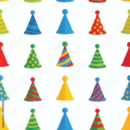 Festive party hats in vibrant colors and patterns repeat in a playful pattern
