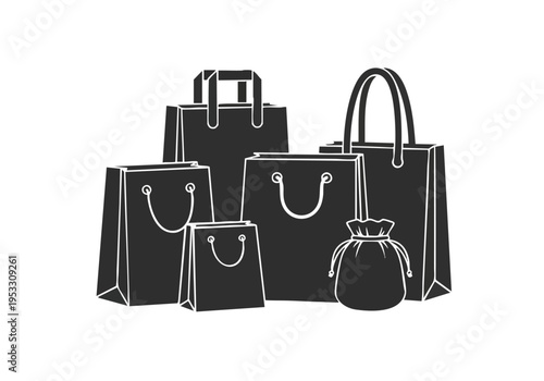 A collection of shopping bags and a drawstring pouch, perfect for retail, gifting, and storage solutions