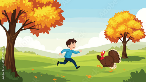 Excited young boy chases a large turkey across a beautiful autumn landscape with rolling green hills and orange trees.
