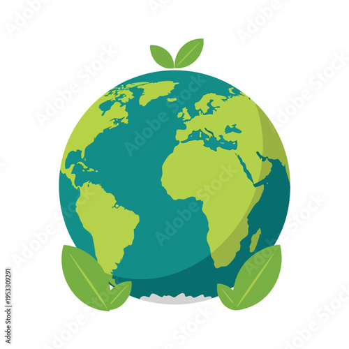 Stylized globe with green leaves, representing environmental care and growth