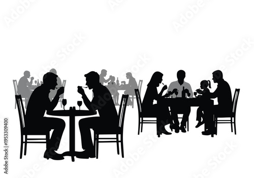 Silhouettes of people dining and socializing at tables in a restaurant or cafe setting