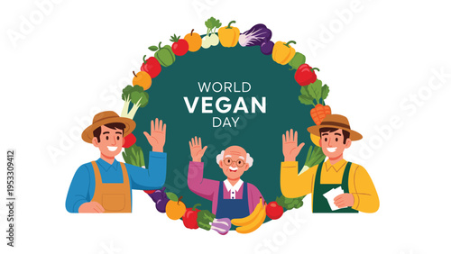 Three happy farmers stand inside a colorful wreath of fresh vegetables and fruits to celebrate World Vegan Day.