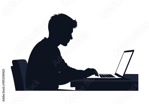 Silhouette of a young person typing on a laptop at a desk, emphasizing focus and technology use in modern work or study