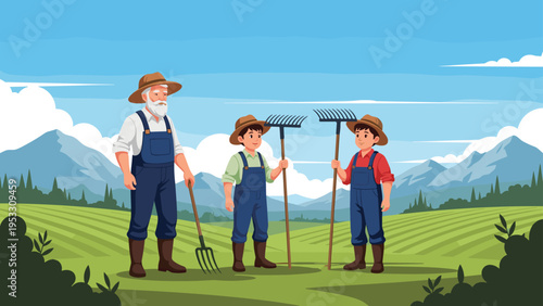 Wise elderly farmer and two young boys stand together in a wide green field holding rakes under a clear blue sky.