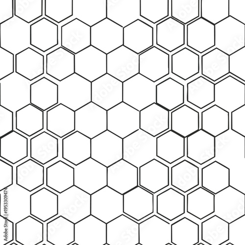 A black and white hexagonal geometric pattern with irregular line thickness and slight distortion