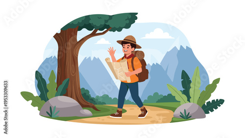Young scout with a large backpack and a map waves as he hikes along a scenic trail through a mountainous region.