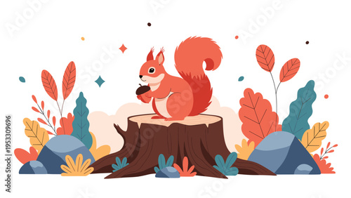 Adorable red squirrel sitting on a tree stump holds a small acorn in a colorful autumn forest illustration with leaves.