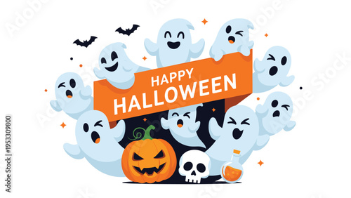 Playful ghosts celebrate with a large banner that says happy halloween featuring a carved pumpkin and a skull on white background.