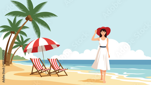 Elegant woman wearing a white dress and red hat walks along a tropical beach with palm trees and striped lounge chairs by sea.