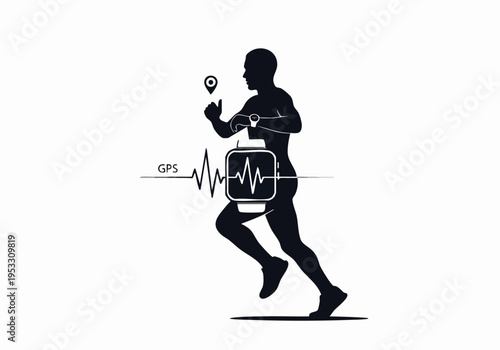 Athlete running with smartwatch tracking heart rate and GPS location, symbolizing fitness and technology integration for performance monitoring
