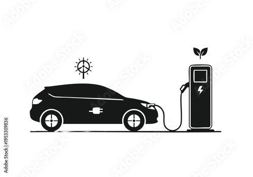 Electric car charging at a station powered by renewable energy, symbolizing eco-friendly transportation and sustainable power sources