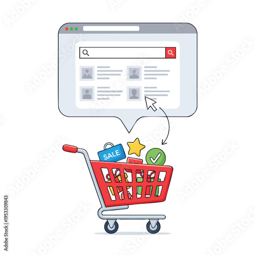Search results from a browser window populate a shopping cart with items