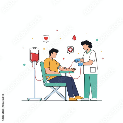 Person donating blood with medical professional assistance, medical icons