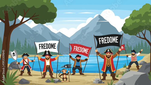 Group of brave pirates stand on a beach holding banners with the word freedom against a backdrop of mountains and a serene lake.