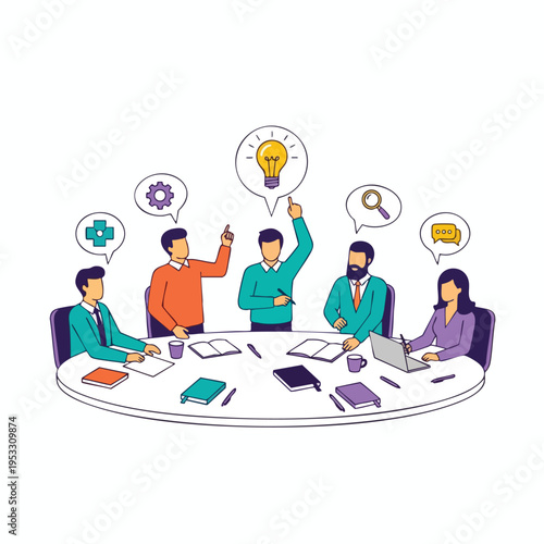 Five diverse people in a meeting brainstorm ideas around a round table