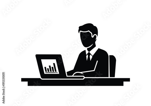Business professional working on laptop with financial analytics chart on screen, representing data analysis and business growth