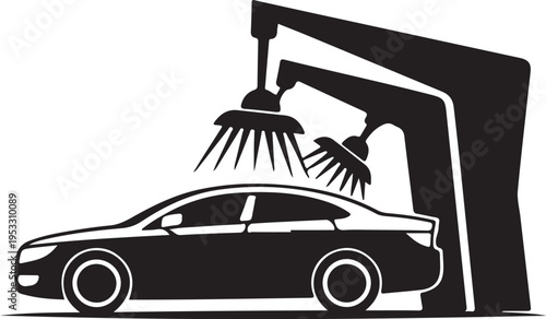 Black car under automatic car wash brushes vehicle