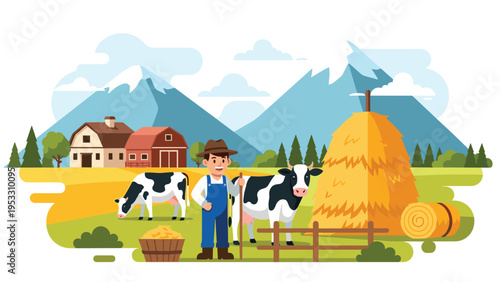 Happy farmer stands with his cows in a fertile field with haystacks and a farmhouse against a backdrop of snowy mountain peaks.