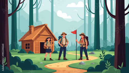 Group of three young scouts with backpacks and a flag stand in front of a wooden cabin along a path in a deep green forest.