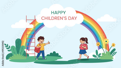 Boy and girl with backpacks walk toward a bright rainbow in a park under a banner celebrating happy children's day event.