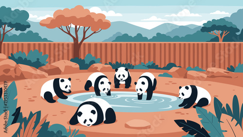 Group of giant pandas gather around a small water hole in a beautiful sanctuary with mountains and trees in the distance.