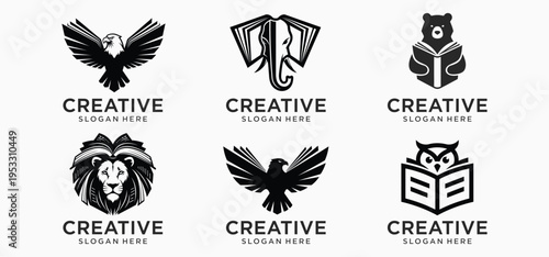 Kids Animal Book Logo Collection, Cute Educational Learning Vector Icons Black and White