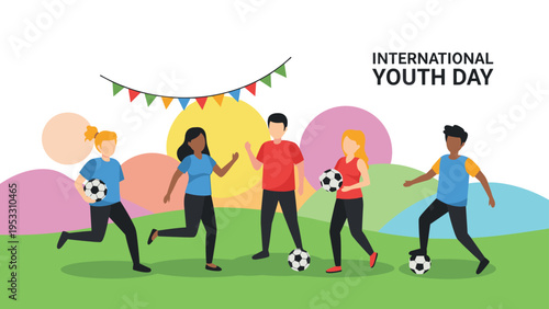 Diverse group of young people play soccer in a park to celebrate international youth day with colorful decorations and sun.
