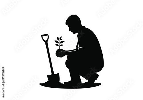 Silhouette of a person planting a sapling in the soil with a shovel, symbolizing growth and environmental care