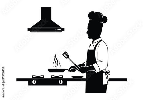 Chef in uniform cooking on a stove with a spatula in hand, illustration