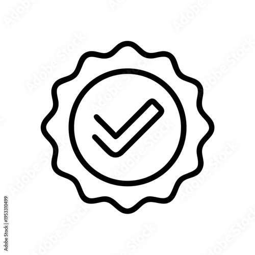 Approved badge with checkmark circular seal of approval simple line art icon