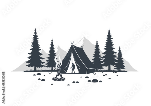 Illustration of a tent and campfire in a forest with mountains in the background, evoking a sense of adventure and outdoor living
