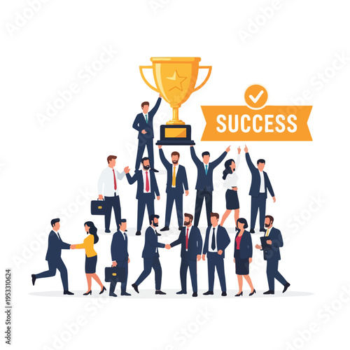 Diverse business people celebrate a golden trophy and success banner