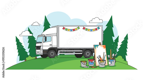 White delivery truck stands in a forest clearing next to an easel and buckets of paint with brushes in a creative scene.