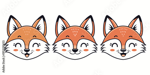 Fox head icons set with cute cartoon expressions and simple flat design elements, perfect for digital use