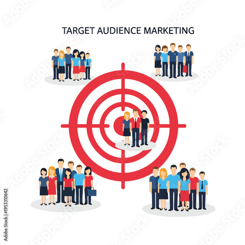 Flat illustration of target audience marketing with groups of people around a bullseye