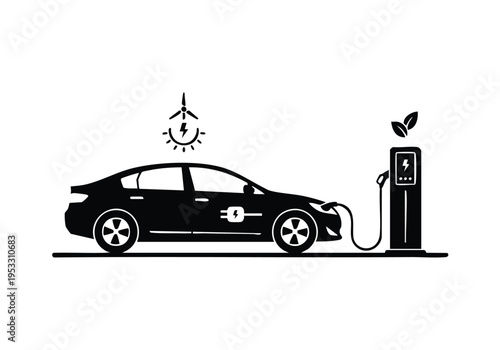 Electric vehicle charging station powering clean energy with wind turbine and sun symbol, sustainable transportation concept illustration