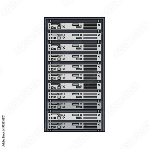 Stacked gray rack servers with indicator lights and ports on a white background