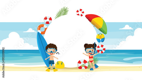 Boy and girl wearing snorkeling gear stand on a tropical beach with a surfboard and beach toys around a blank white circle.